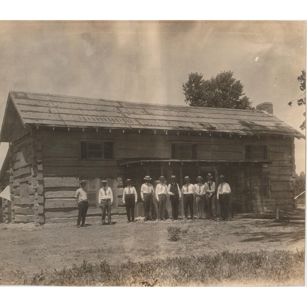 Vintage Sepia Photo Men in Front of Rustic Log Cabin 8.4 x 7.3 Early 1900s